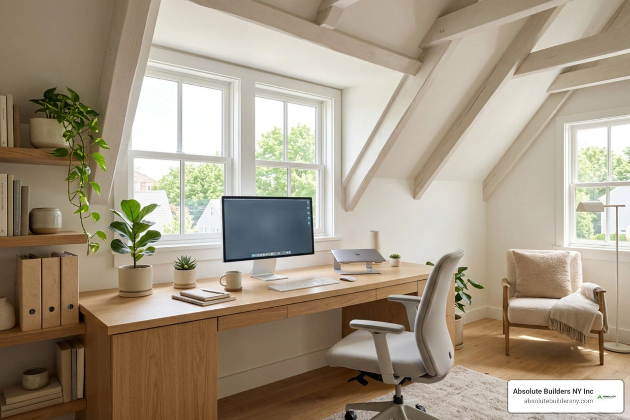 bright attic home office with dormer windows and built-in desks bright attic home office with dormer windows and built-in desks