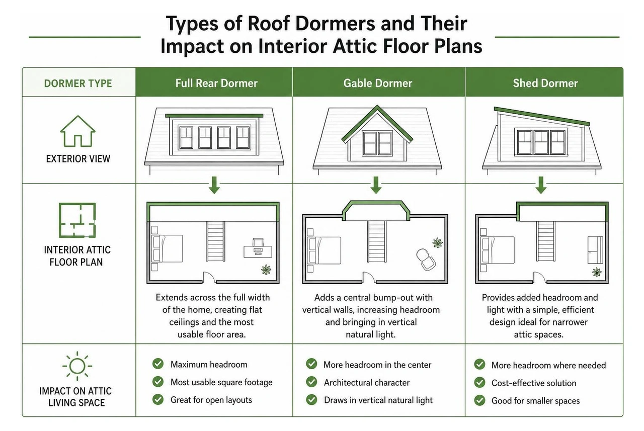 Types of roof dormers and their impact on interior attic floor plans Types of roof dormers and their impact on interior attic floor plans