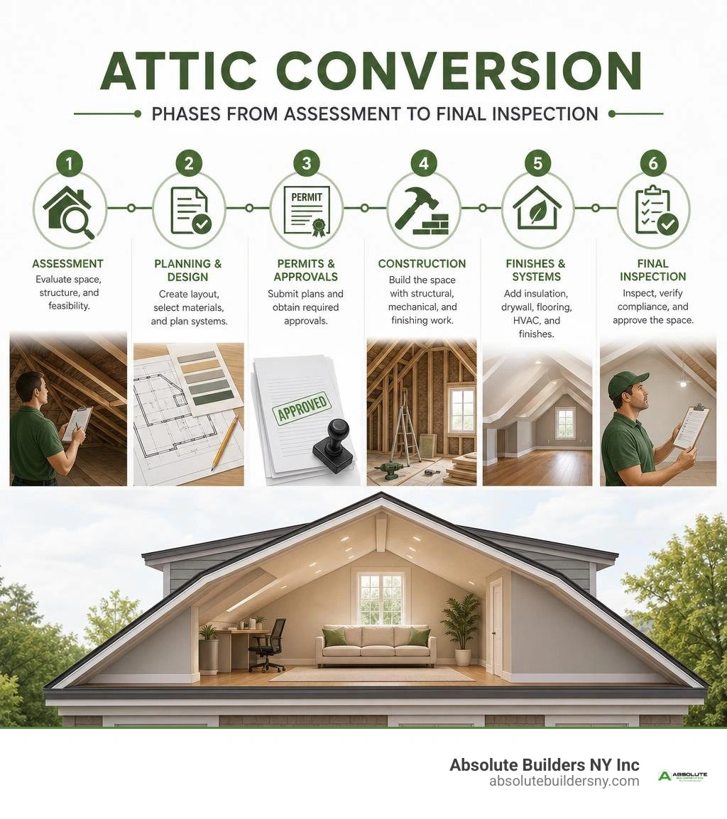 Attic conversion phases from assessment and permits to construction and final inspection infographic Attic conversion phases from assessment and permits to construction and final inspection infographic