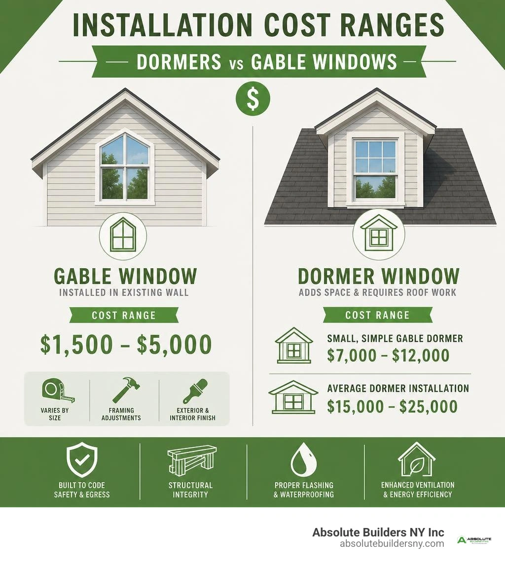 Infographic displaying installation cost ranges for dormers and gable windows infographic Infographic displaying installation cost ranges for dormers and gable windows infographic