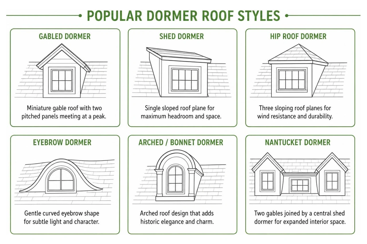 Diagram of popular dormer roof styles Diagram of popular dormer roof styles