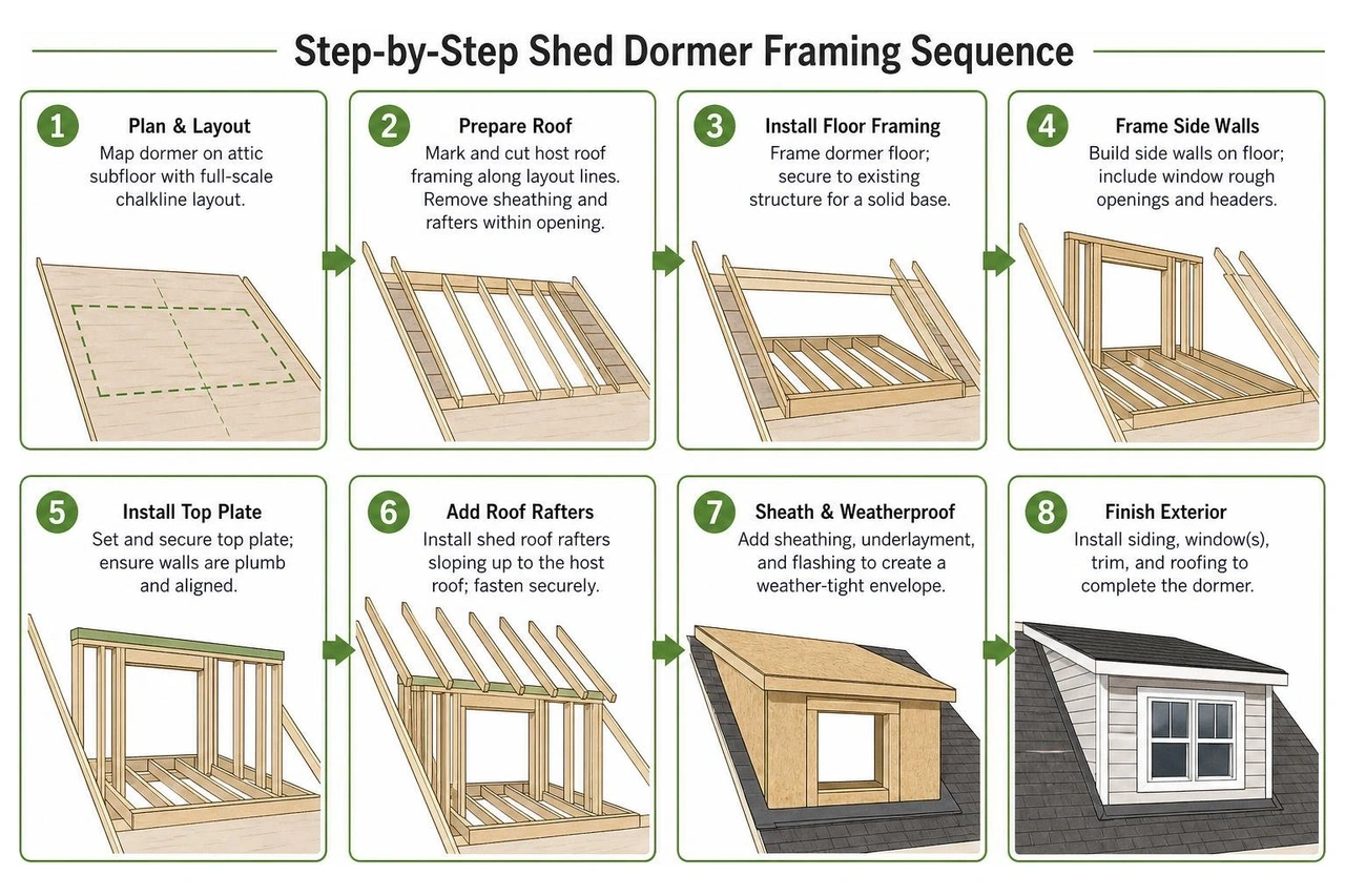 step by step shed dormer framing sequence