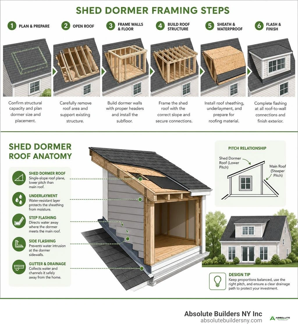 shed dormer framing steps and roof anatomy infographic