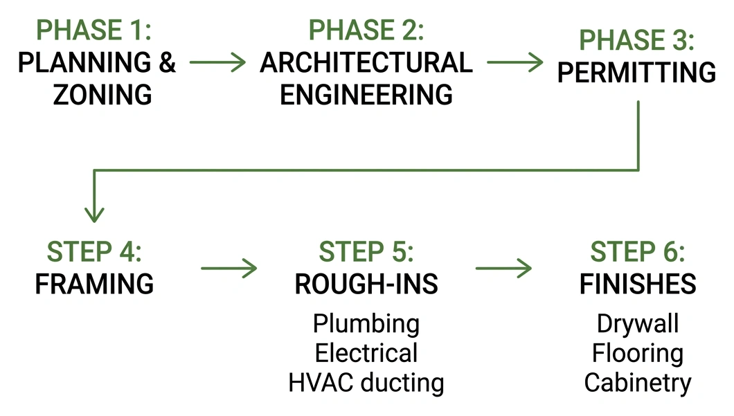 Step-by-step home addition roadmap from zoning and architecture to framing, rough-ins, and finishes