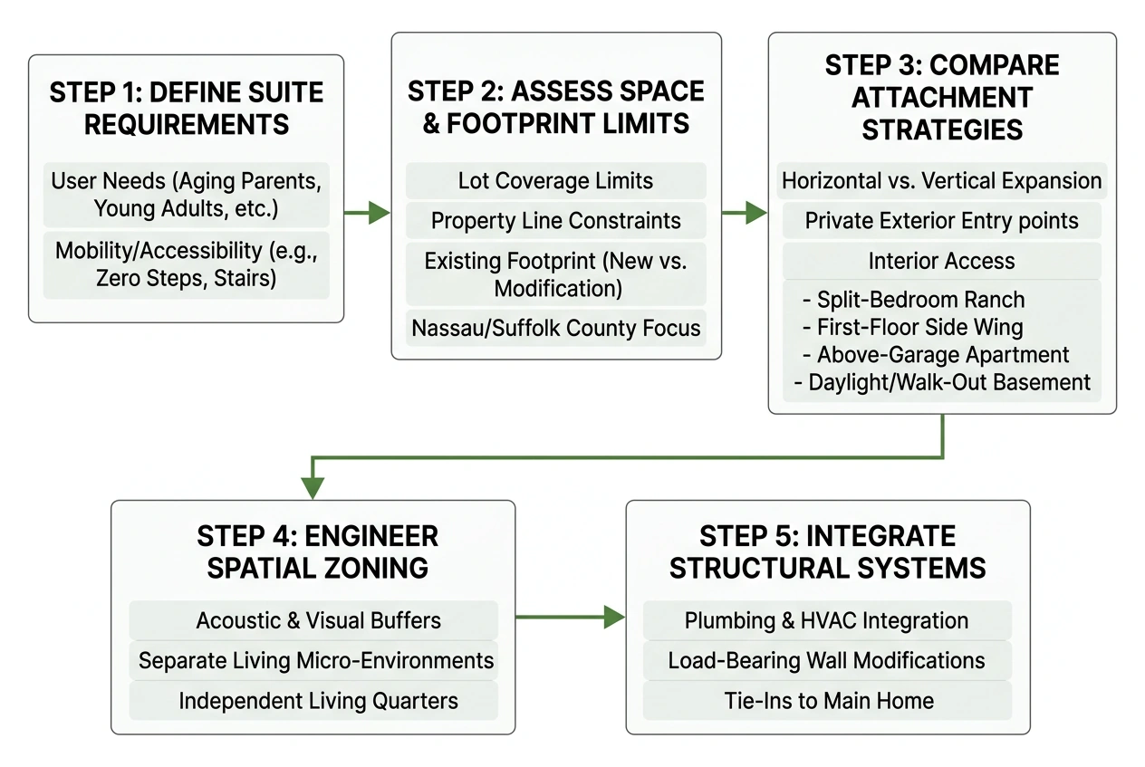 Step-by-step layout planning sequence for attached in-law suites Step-by-step layout planning sequence for attached in-law suites