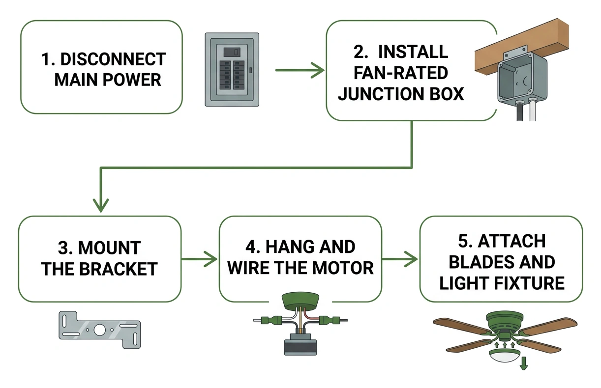 step-by-step ceiling fan installation workflow
