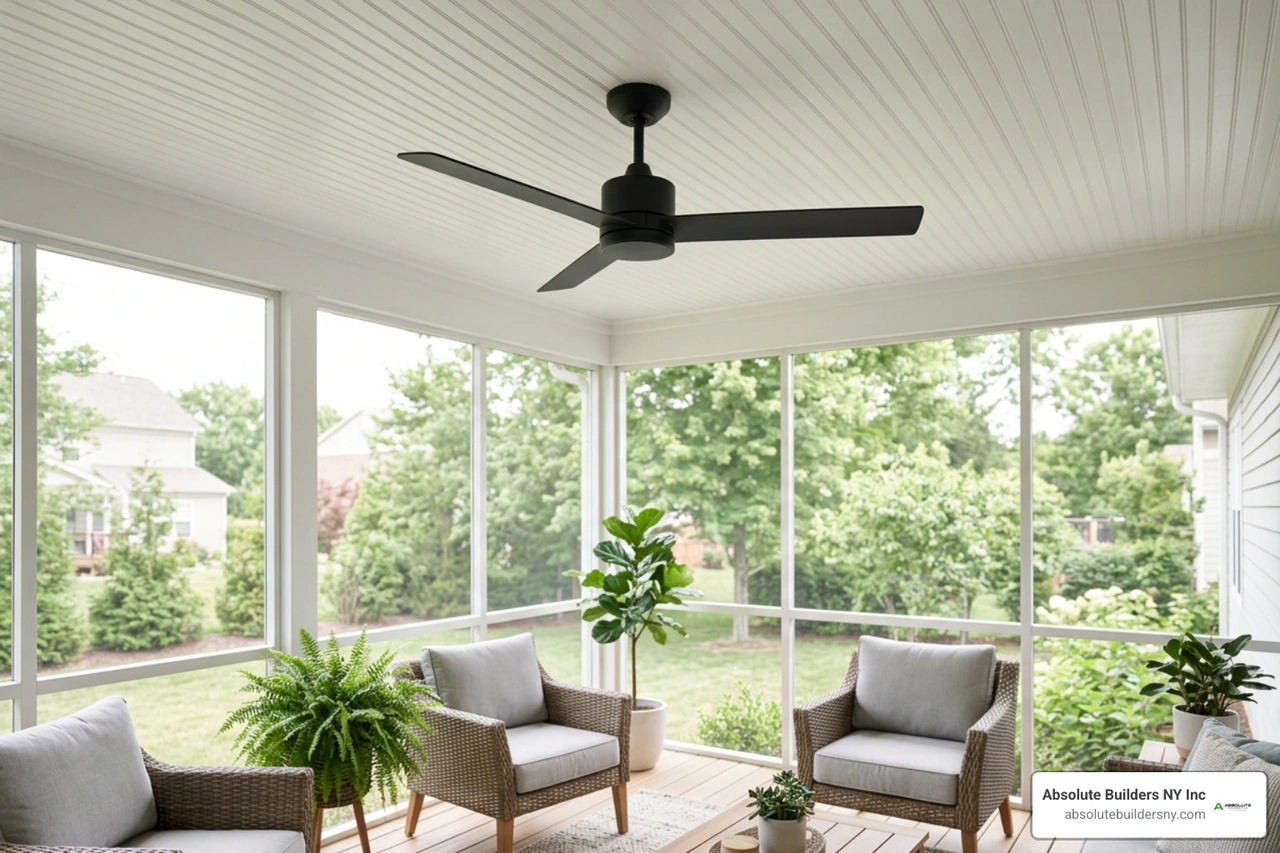 smart matte black ceiling fan on a beadboard porch ceiling