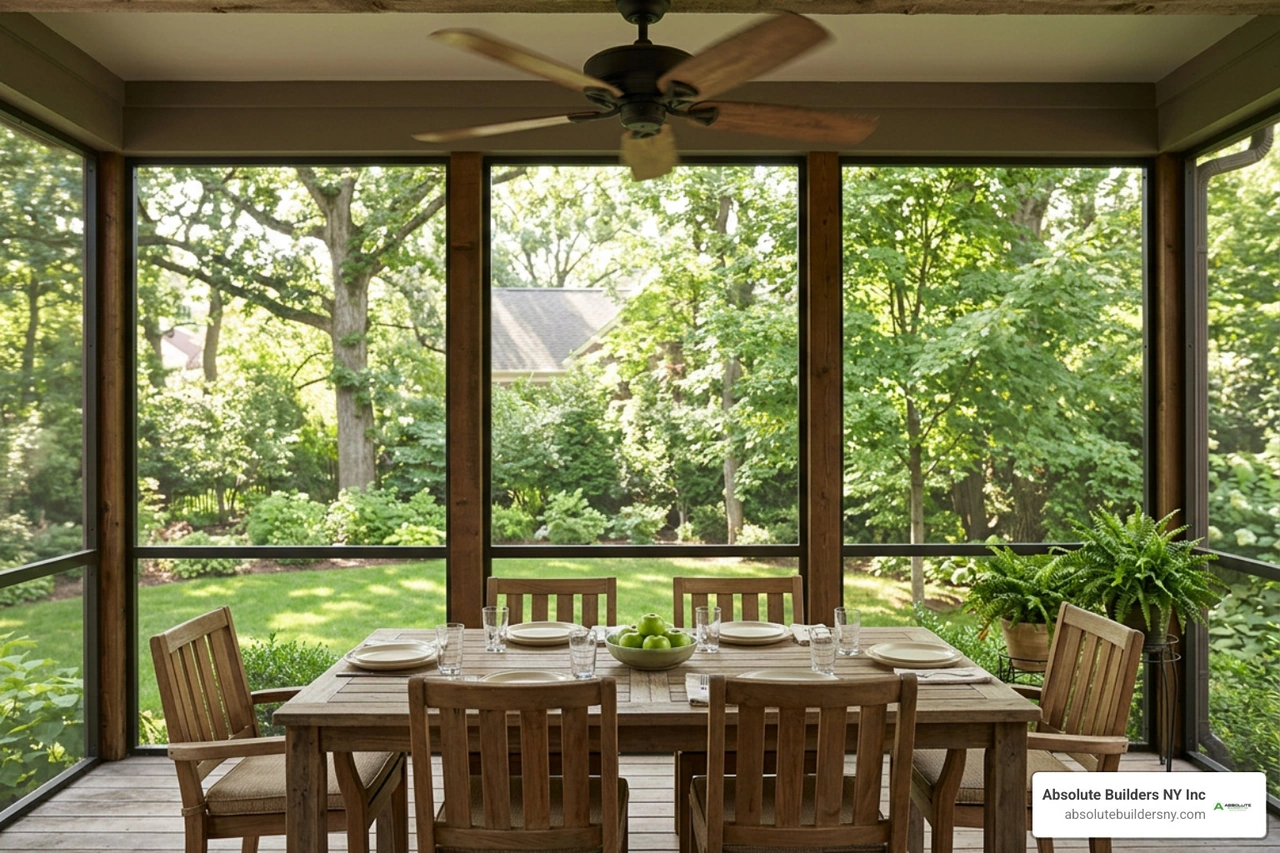 rustic ceiling fan operating over a screened porch dining set