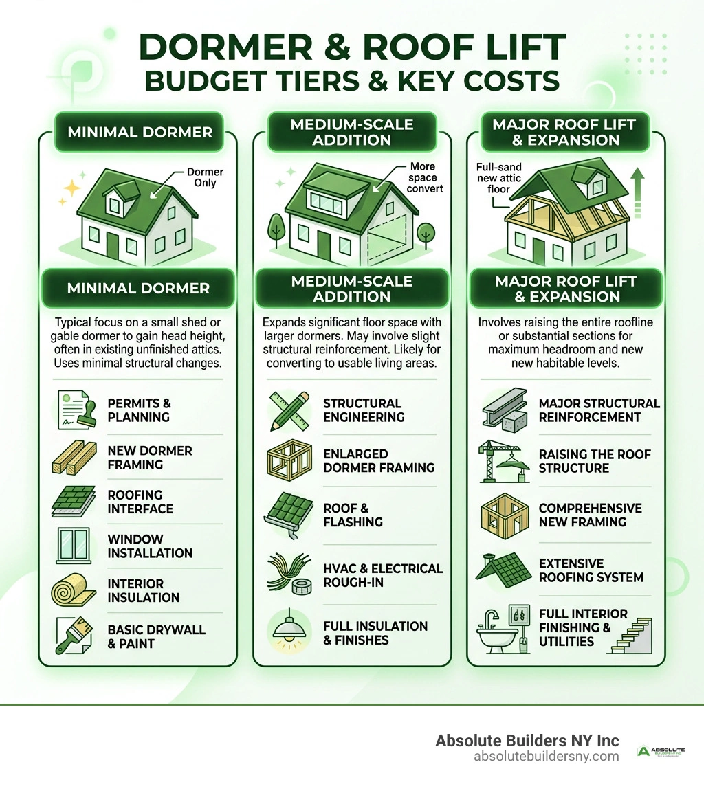 Dormer and roof lift budget tiers with major cost categories infographic Dormer and roof lift budget tiers with major cost categories infographic