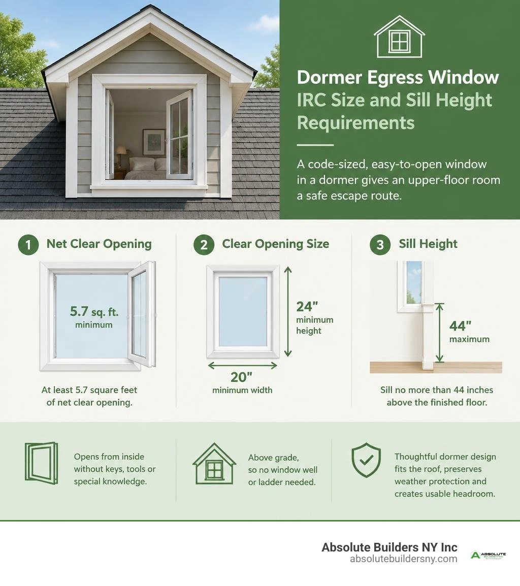 Dormer egress window IRC size and sill height requirements infographic Dormer egress window IRC size and sill height requirements infographic