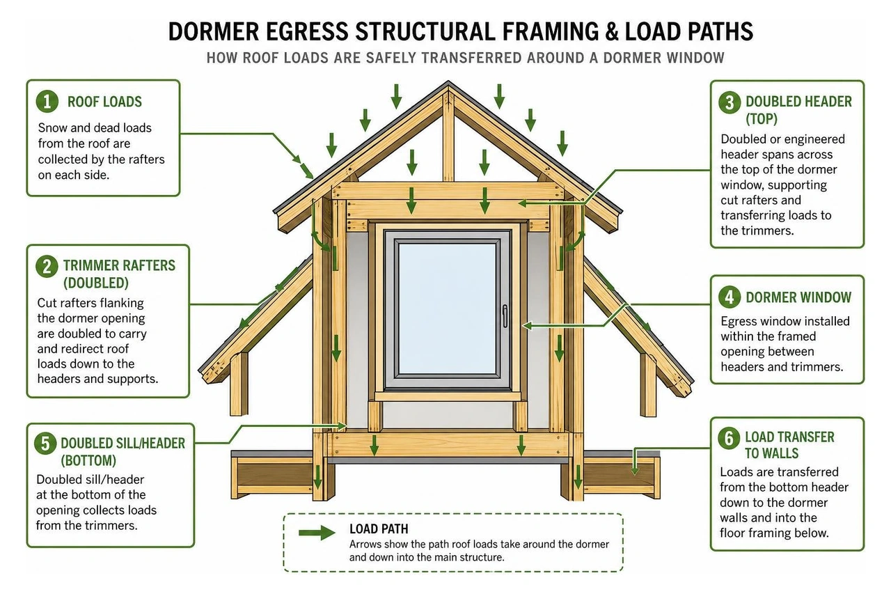 Dormer egress structural framing and load paths Dormer egress structural framing and load paths