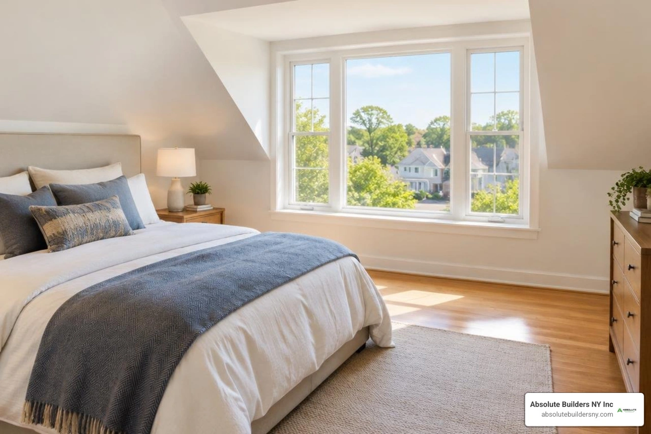 Finished attic bedroom filled with daylight from a dormer egress window Finished attic bedroom filled with daylight from a dormer egress window