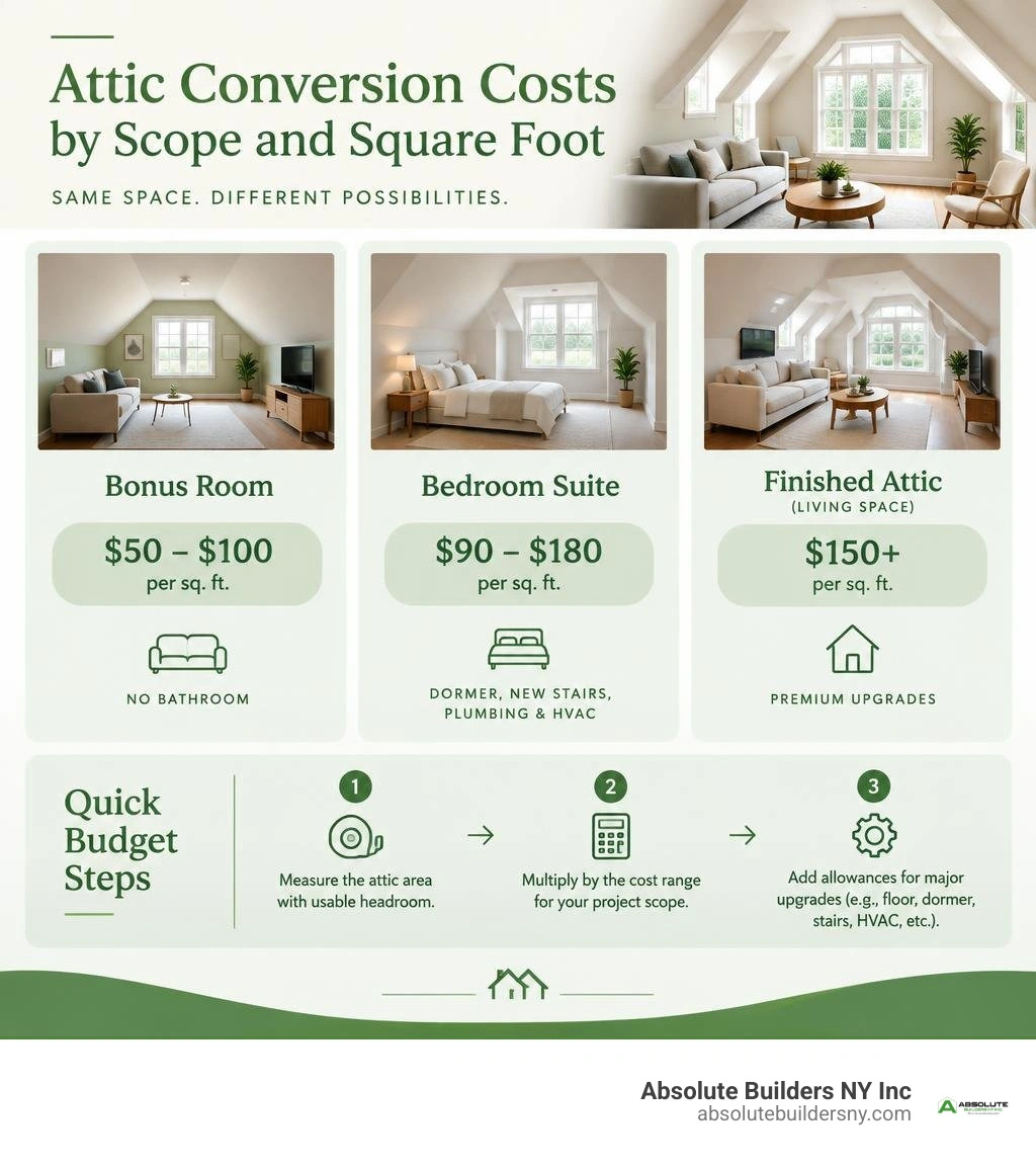 Attic conversion costs by scope and square foot infographic Attic conversion costs by scope and square foot infographic