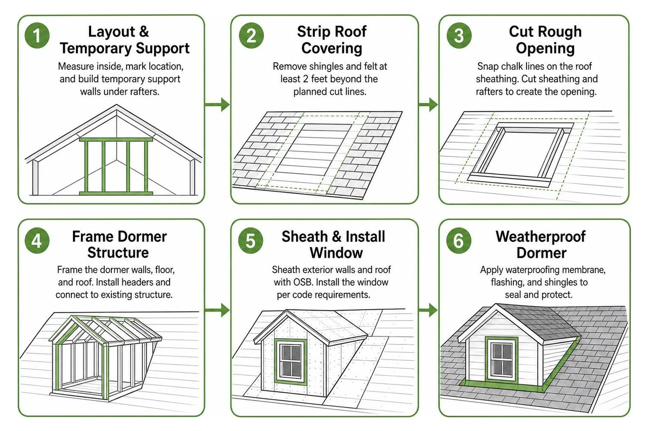 Sequence of dormer installation from layout to weatherproofing Sequence of dormer installation from layout to weatherproofing