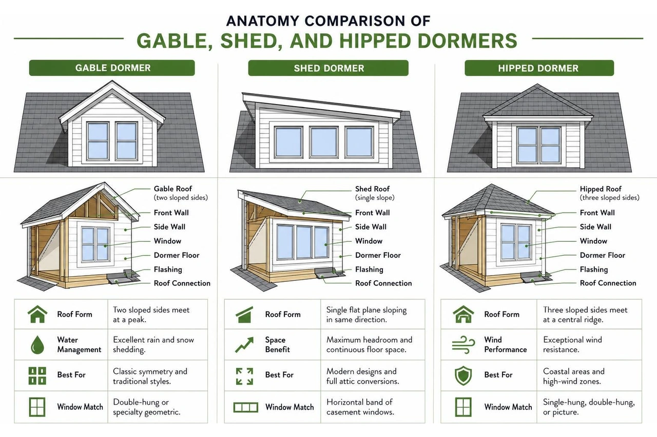Anatomy comparison of gable, shed, and hipped dormers Anatomy comparison of gable, shed, and hipped dormers