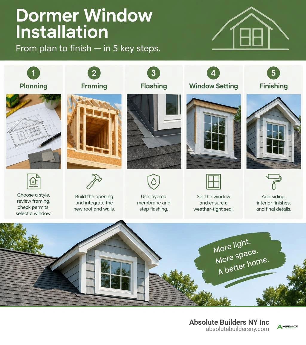 Dormer installation planning, framing, flashing, window setting, and finishing steps infographic Dormer installation planning, framing, flashing, window setting, and finishing steps infographic