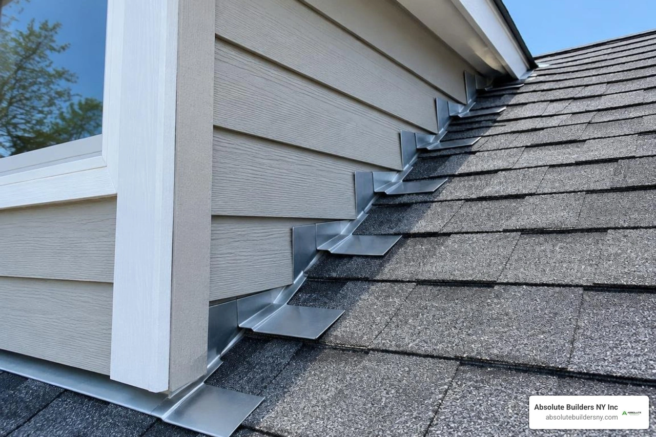 Step flashing installation along dormer sidewalls Step flashing installation along dormer sidewalls