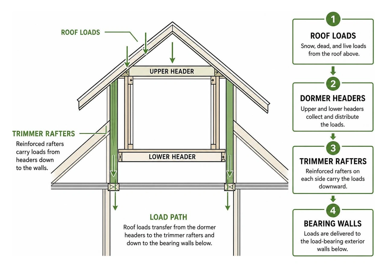 Diagram of load transfer from dormer headers to trimmer rafters down to bearing walls Diagram of load transfer from dormer headers to trimmer rafters down to bearing walls