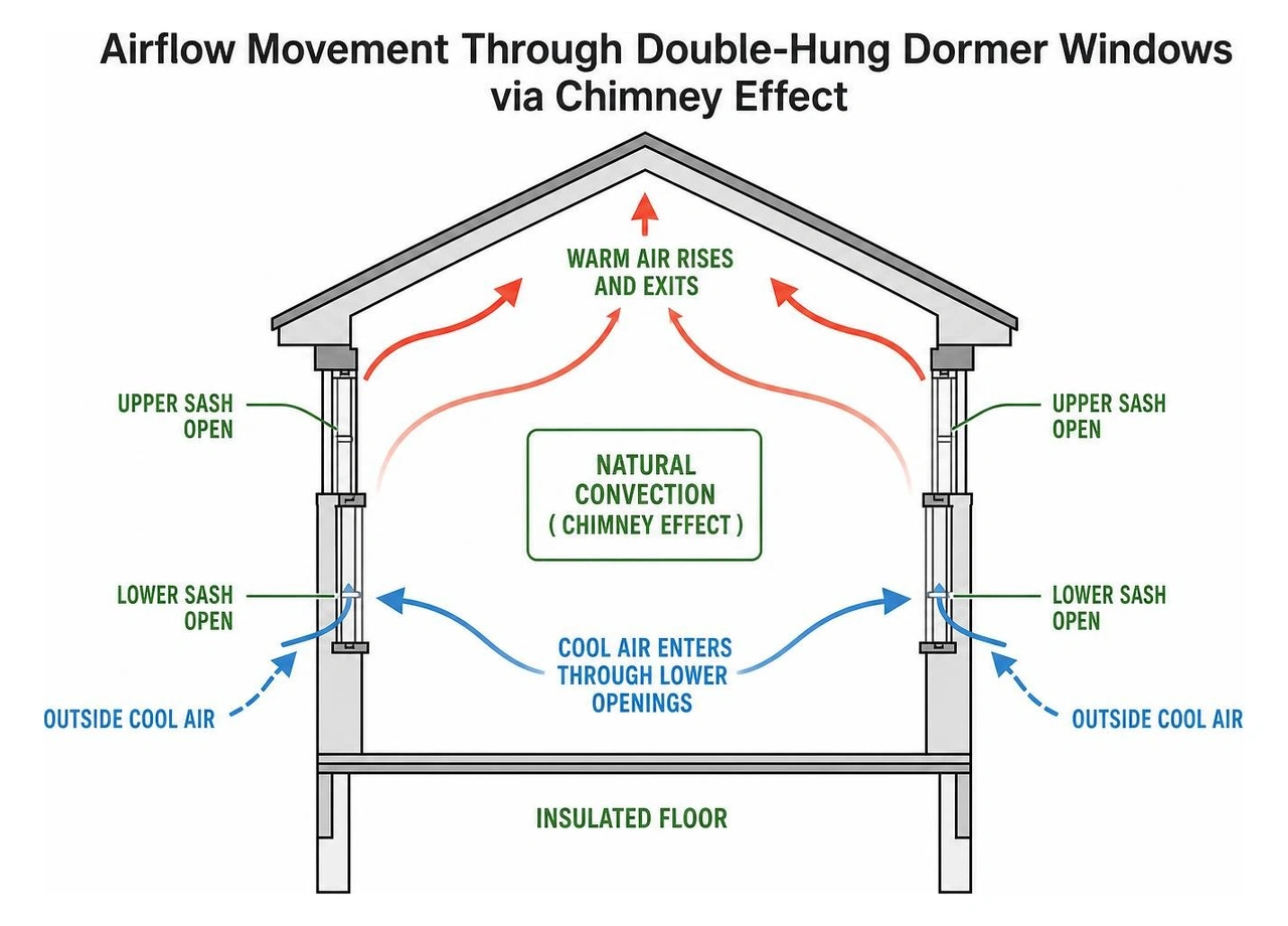 Airflow movement through double-hung dormer windows via chimney effect Airflow movement through double-hung dormer windows via chimney effect