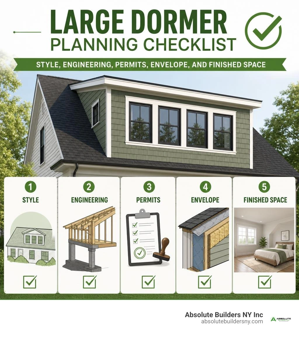 Large dormer planning checklist: style, engineering, permits, envelope, and finished space infographic Large dormer planning checklist: style, engineering, permits, envelope, and finished space infographic