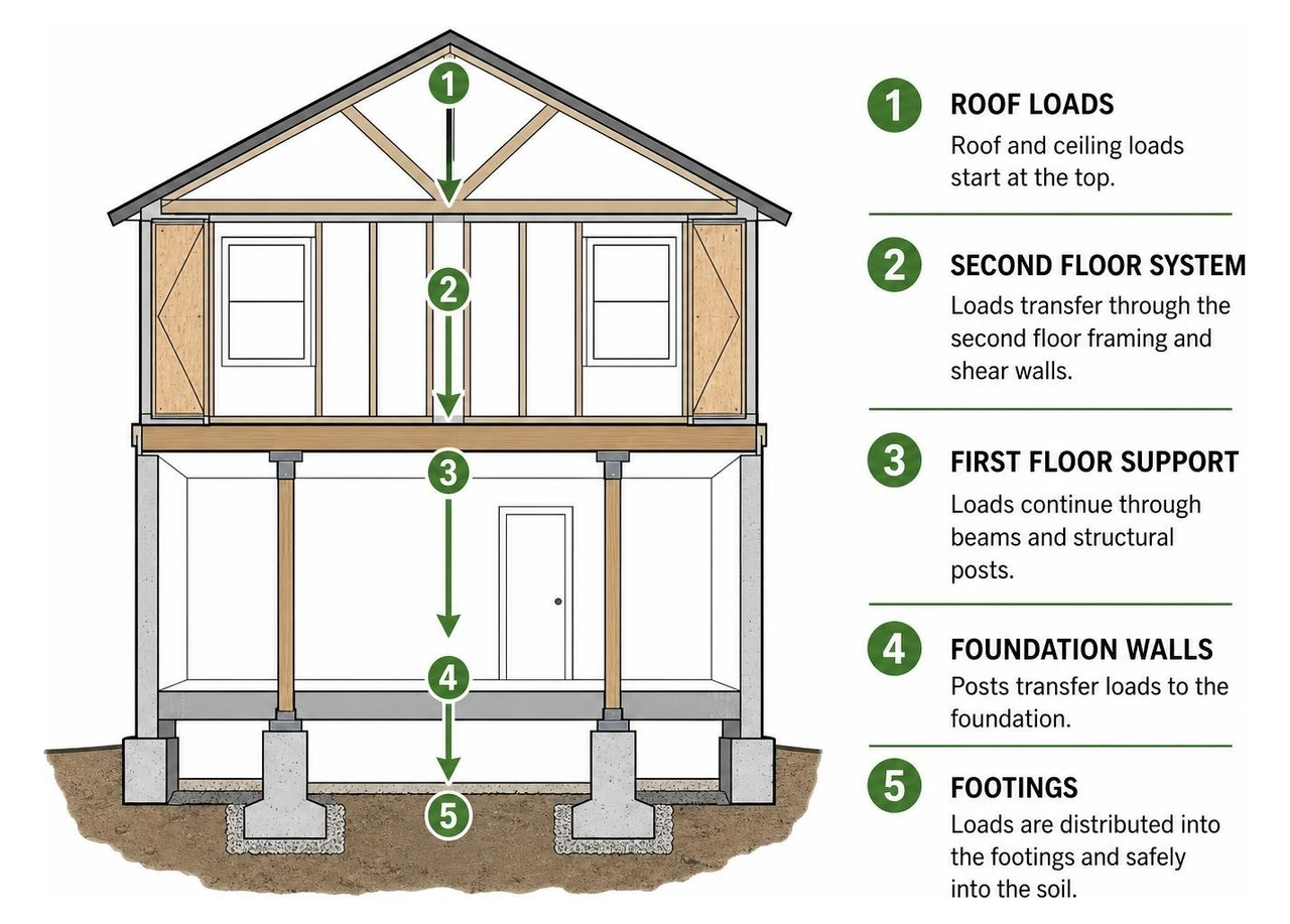 load path diagram showing weight transfer from roof to foundation footings load path diagram showing weight transfer from roof to foundation footings