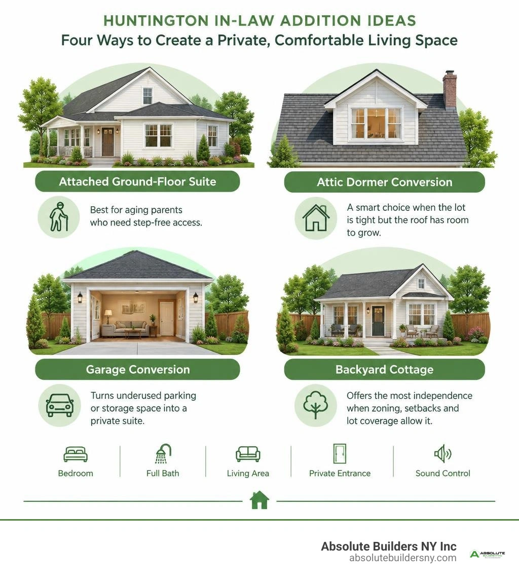 Infographic comparing attached suites attic dormers garage conversions and backyard cottages infographic