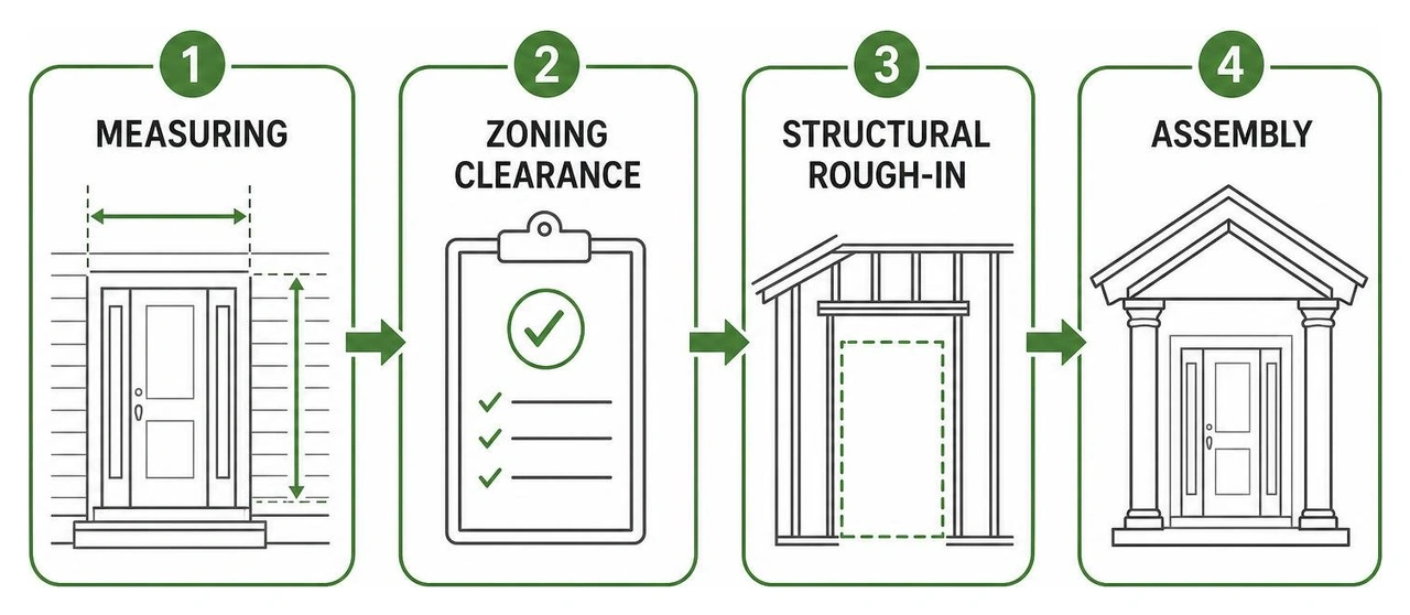 Portico pre installation planning steps: measuring, zoning clearance, structural rough-in, assembly Portico pre installation planning steps: measuring, zoning clearance, structural rough-in, assembly
