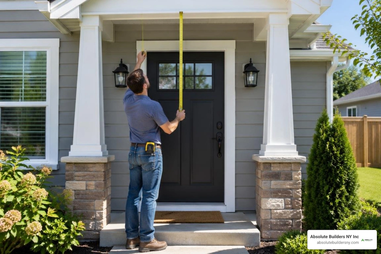 Homeowner measuring exterior entryway clearance and roofline proportions Homeowner measuring exterior entryway clearance and roofline proportions