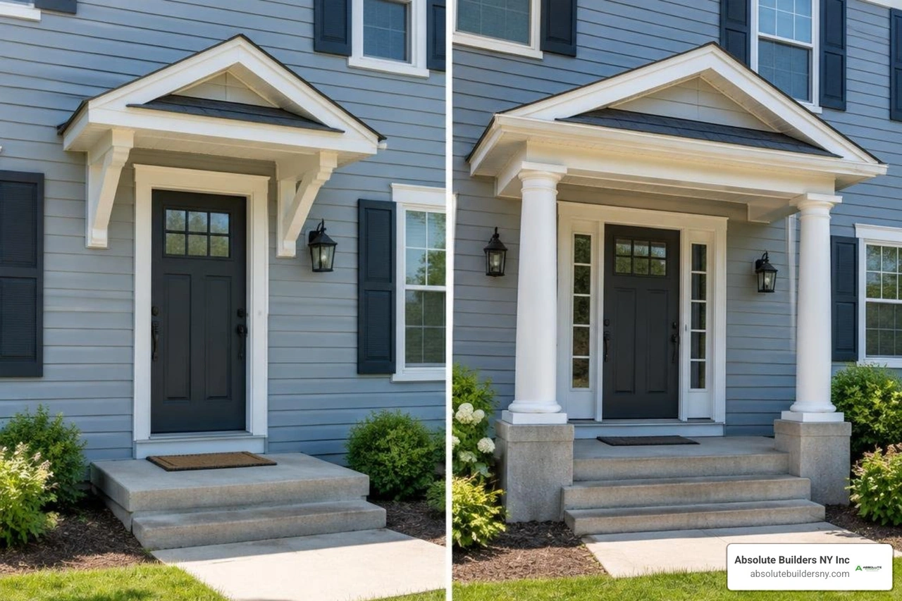 Comparison of wall mounted overhang versus column supported entryway portico Comparison of wall mounted overhang versus column supported entryway portico