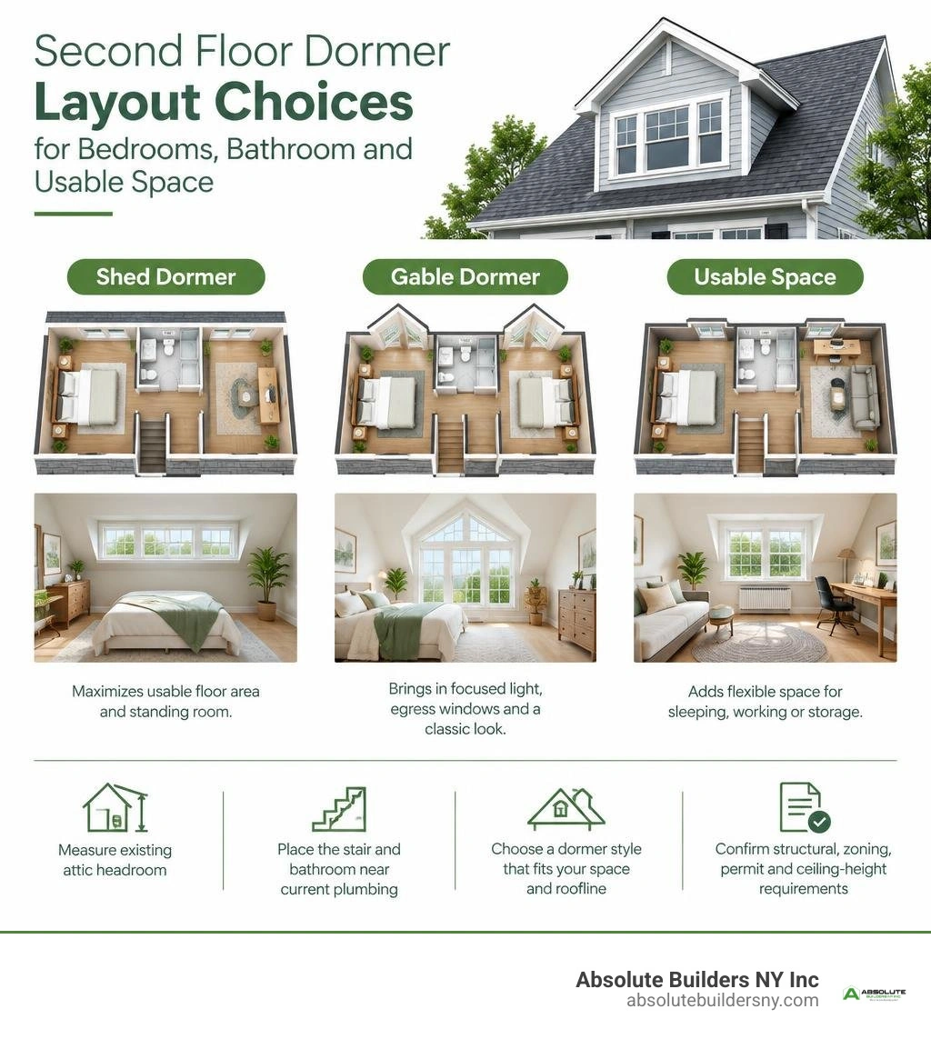 Second floor dormer layout choices for bedrooms bathroom and usable space infographic