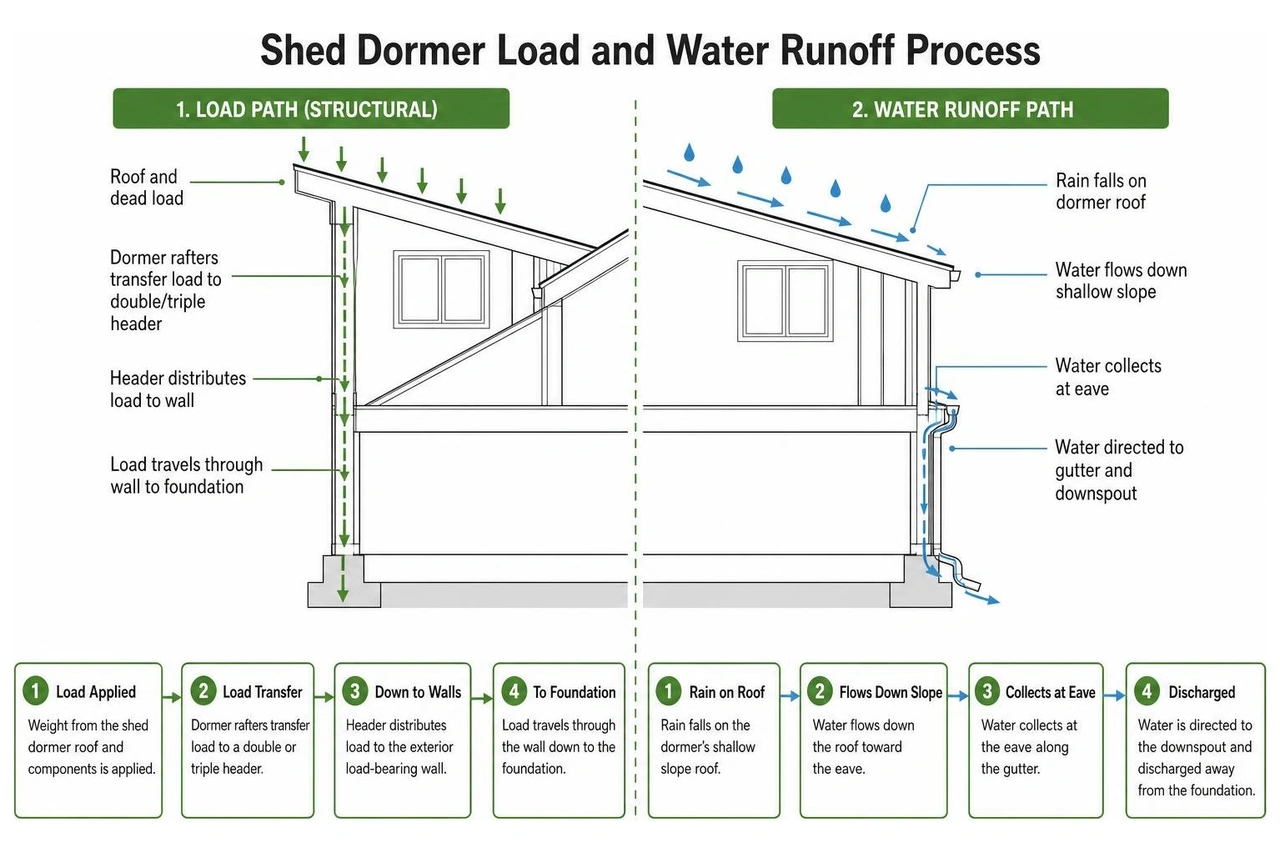 Shed dormer load and water runoff process Shed dormer load and water runoff process