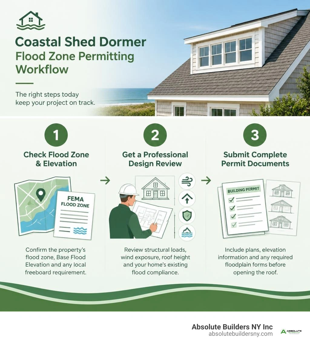 Coastal shed dormer flood zone permitting workflow infographic Coastal shed dormer flood zone permitting workflow infographic
