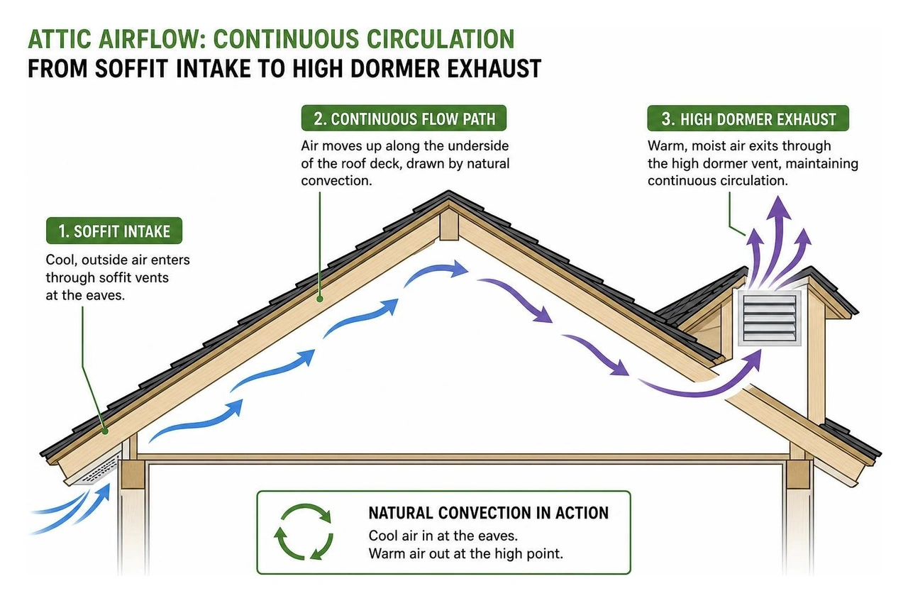 Attic airflow diagram showing continuous circulation from soffit intake to high dormer exhaust Attic airflow diagram showing continuous circulation from soffit intake to high dormer exhaust