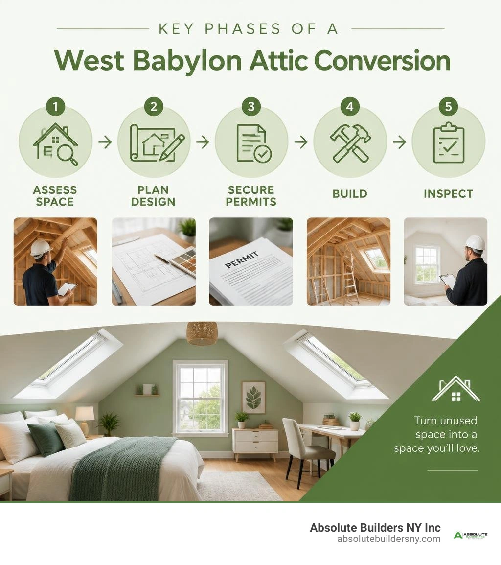 Key phases of a West Babylon attic conversion: assess space, plan design, secure permits, build, inspect infographic Key phases of a West Babylon attic conversion: assess space, plan design, secure permits, build, inspect infographic