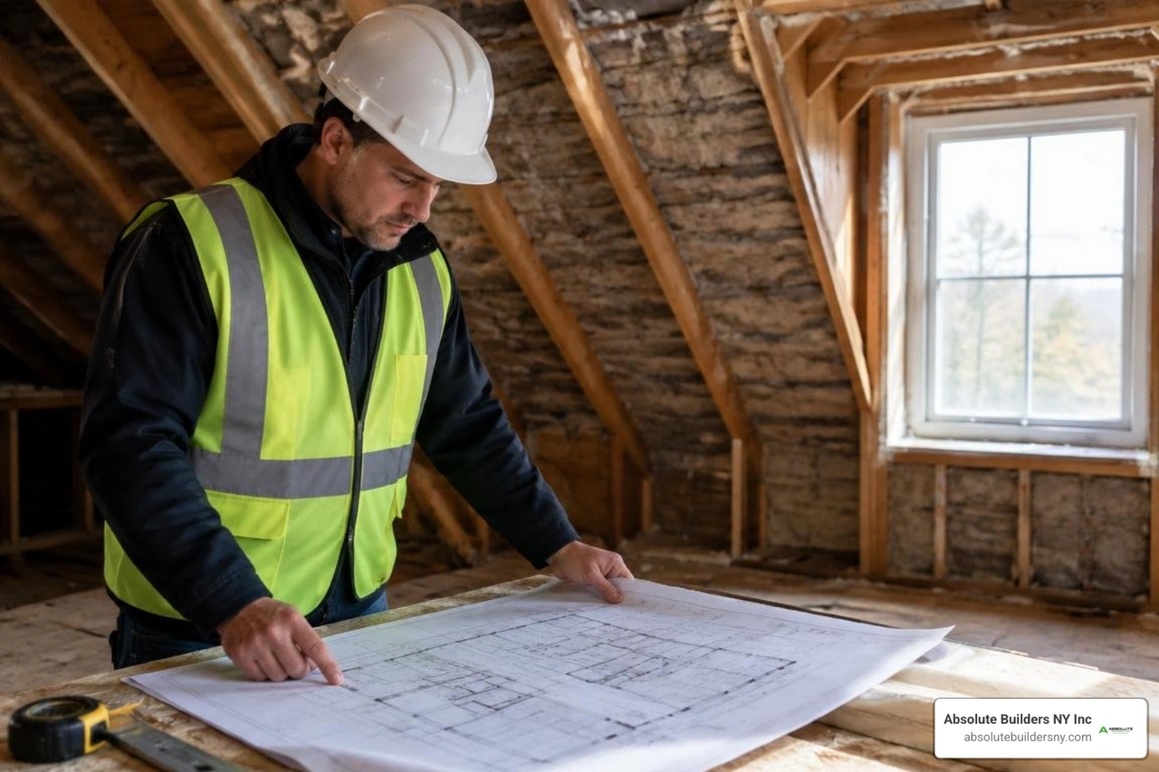 licensed builder reviewing architectural blueprints in an attic space licensed builder reviewing architectural blueprints in an attic space