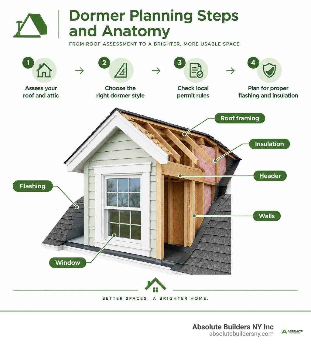 Dormer planning steps and anatomy: roof framing, header, walls, window, flashing, and insulation infographic Dormer planning steps and anatomy: roof framing, header, walls, window, flashing, and insulation infographic