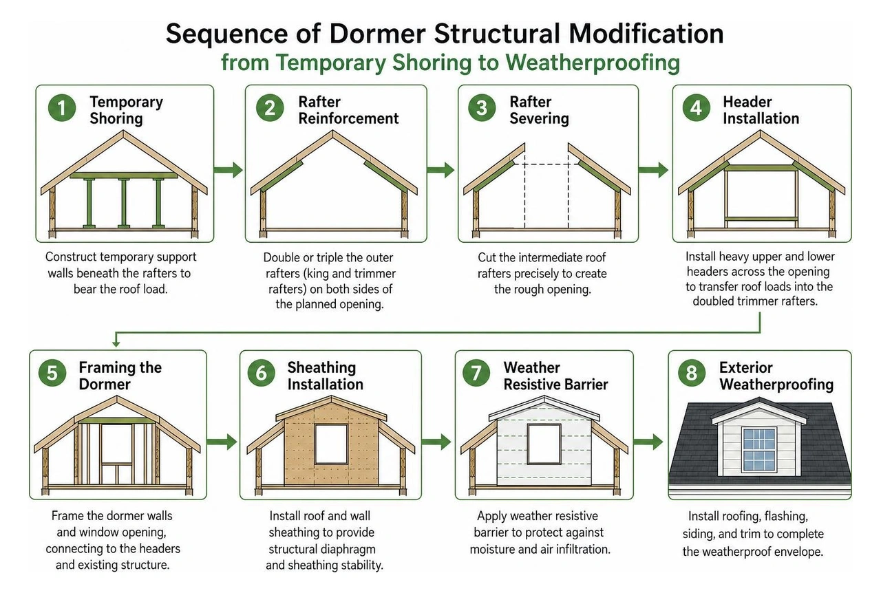 Sequence of dormer structural modification from temporary shoring to weatherproofing Sequence of dormer structural modification from temporary shoring to weatherproofing
