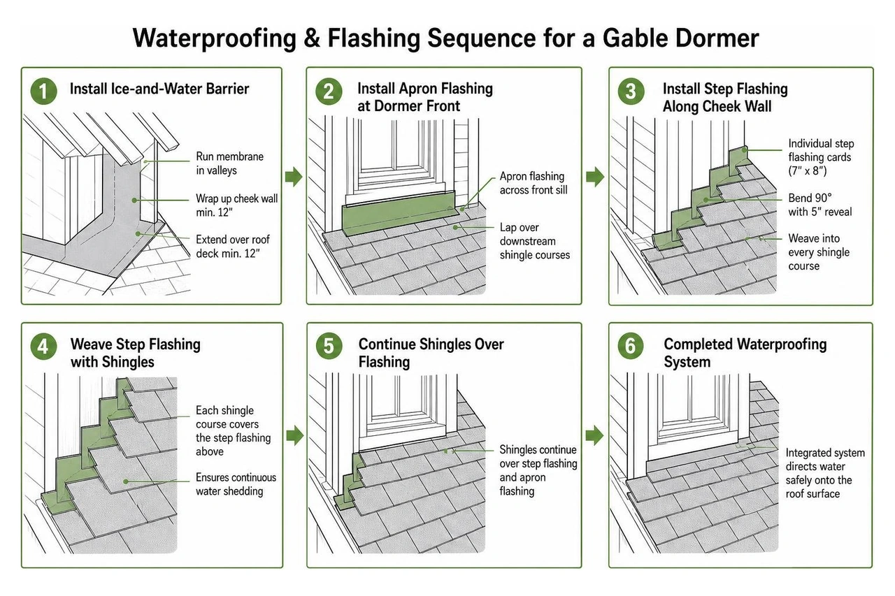 Waterproofing and flashing sequence for a gable dormer