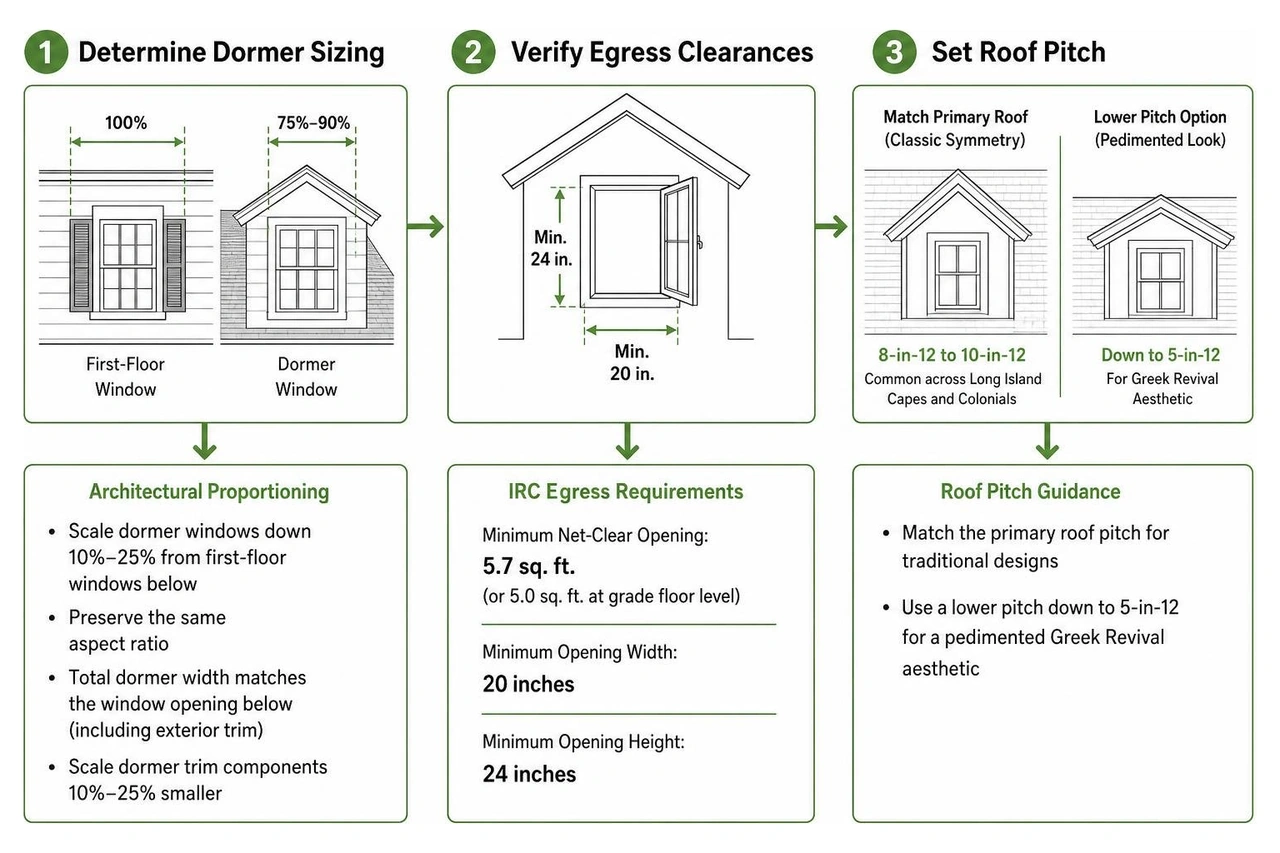 Process of determining dormer sizing, egress clearances, and pitch