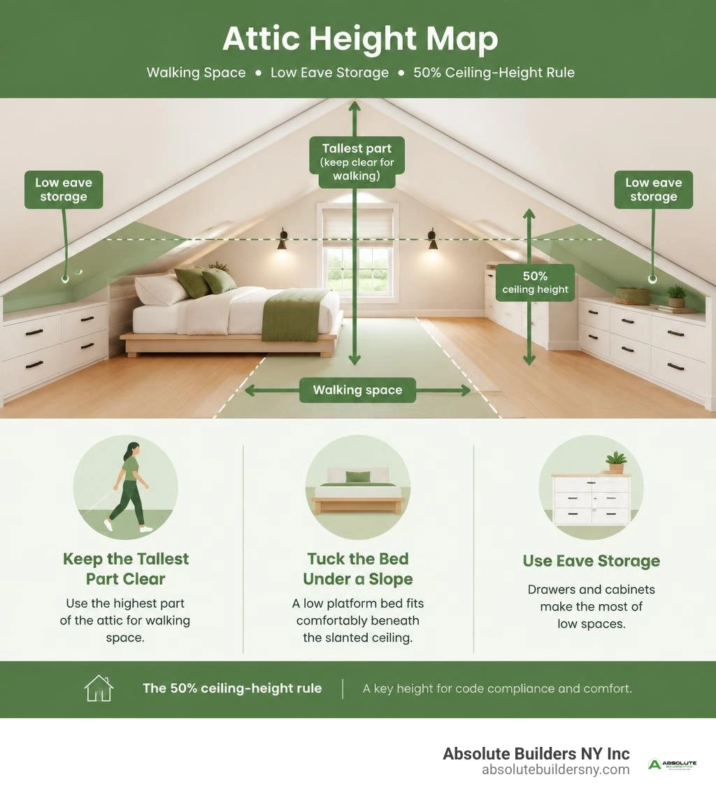 Attic height map showing walking space, low eave storage, and the 50 percent ceiling-height rule infographic Attic height map showing walking space, low eave storage, and the 50 percent ceiling-height rule infographic