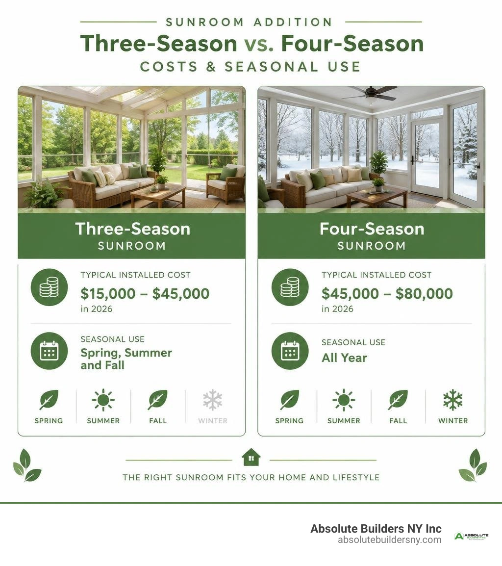 Comparison of three-season and four-season sunroom costs and seasonal use infographic Comparison of three-season and four-season sunroom costs and seasonal use infographic