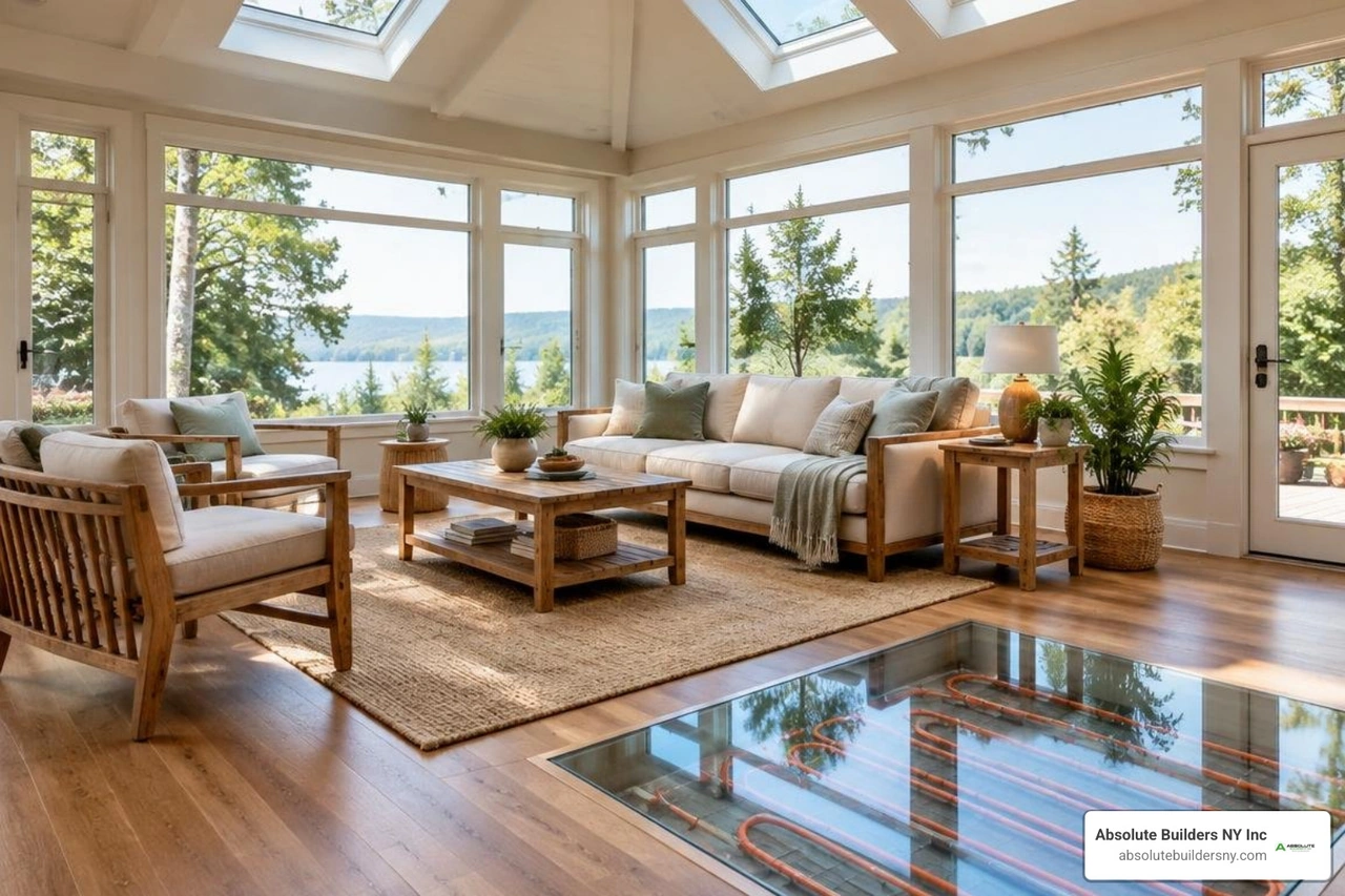 Finished custom sunroom interior with radiant floor heating and skylights Finished custom sunroom interior with radiant floor heating and skylights