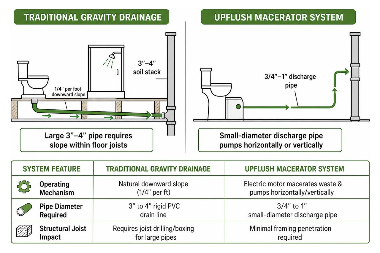 Gravity drainage layout versus upflush macerator pump routing