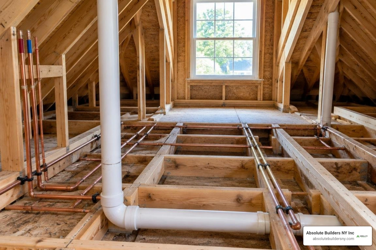 rough plumbing installation in attic dormer