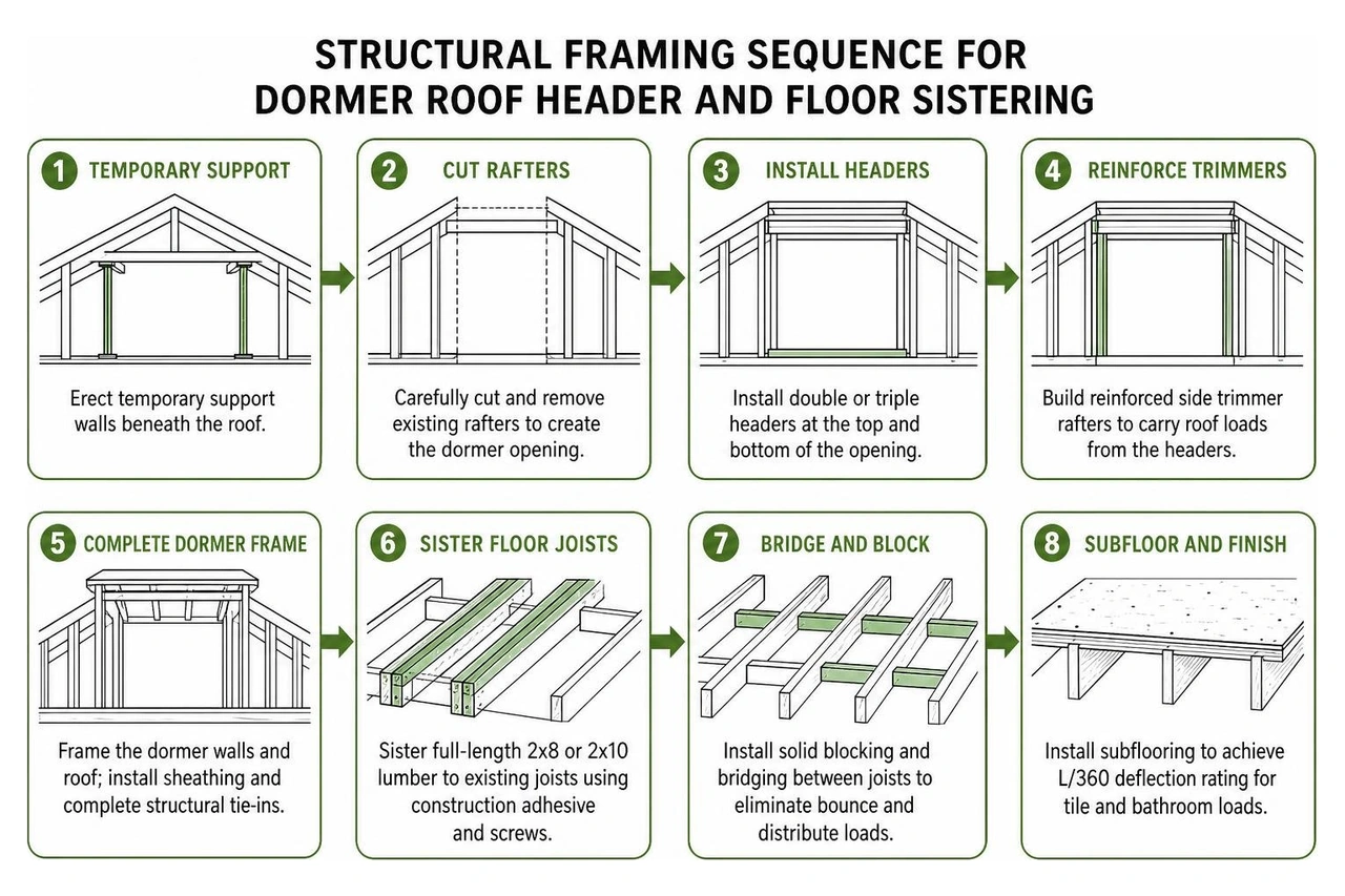 Structural framing sequence for dormer roof header and floor sistering