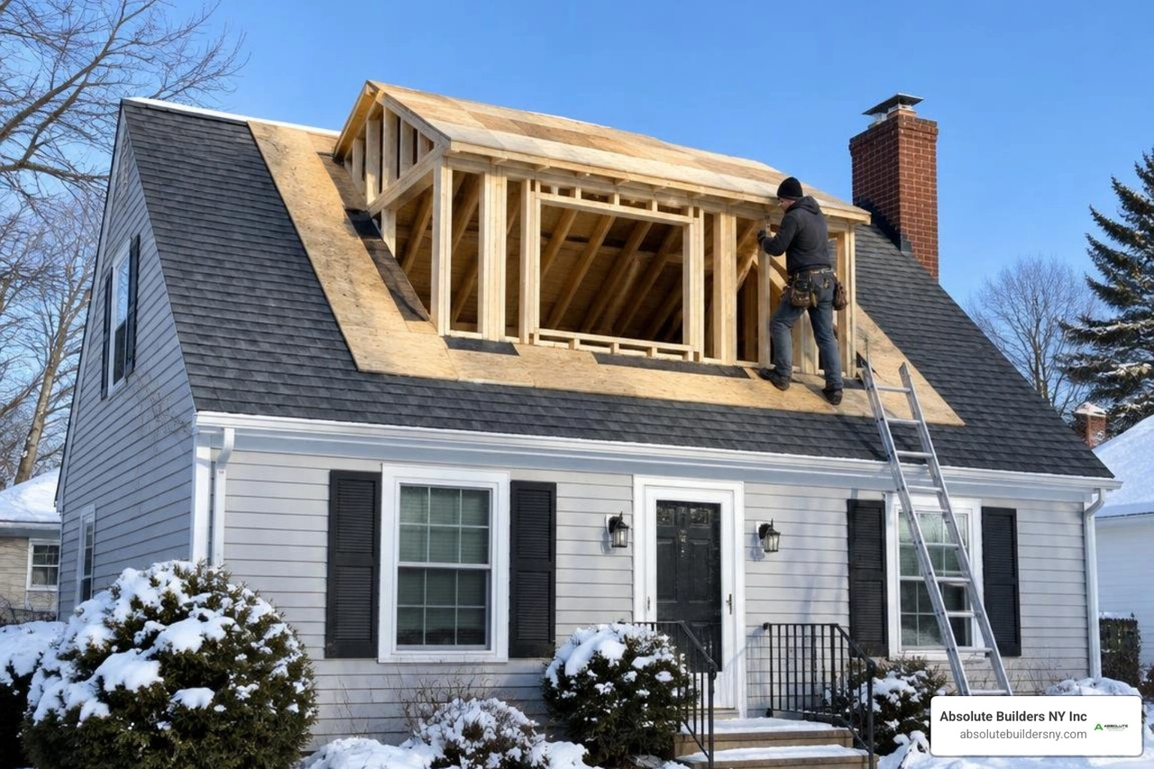 Structural framing of a shed dormer on a Cape Cod roof Structural framing of a shed dormer on a Cape Cod roof
