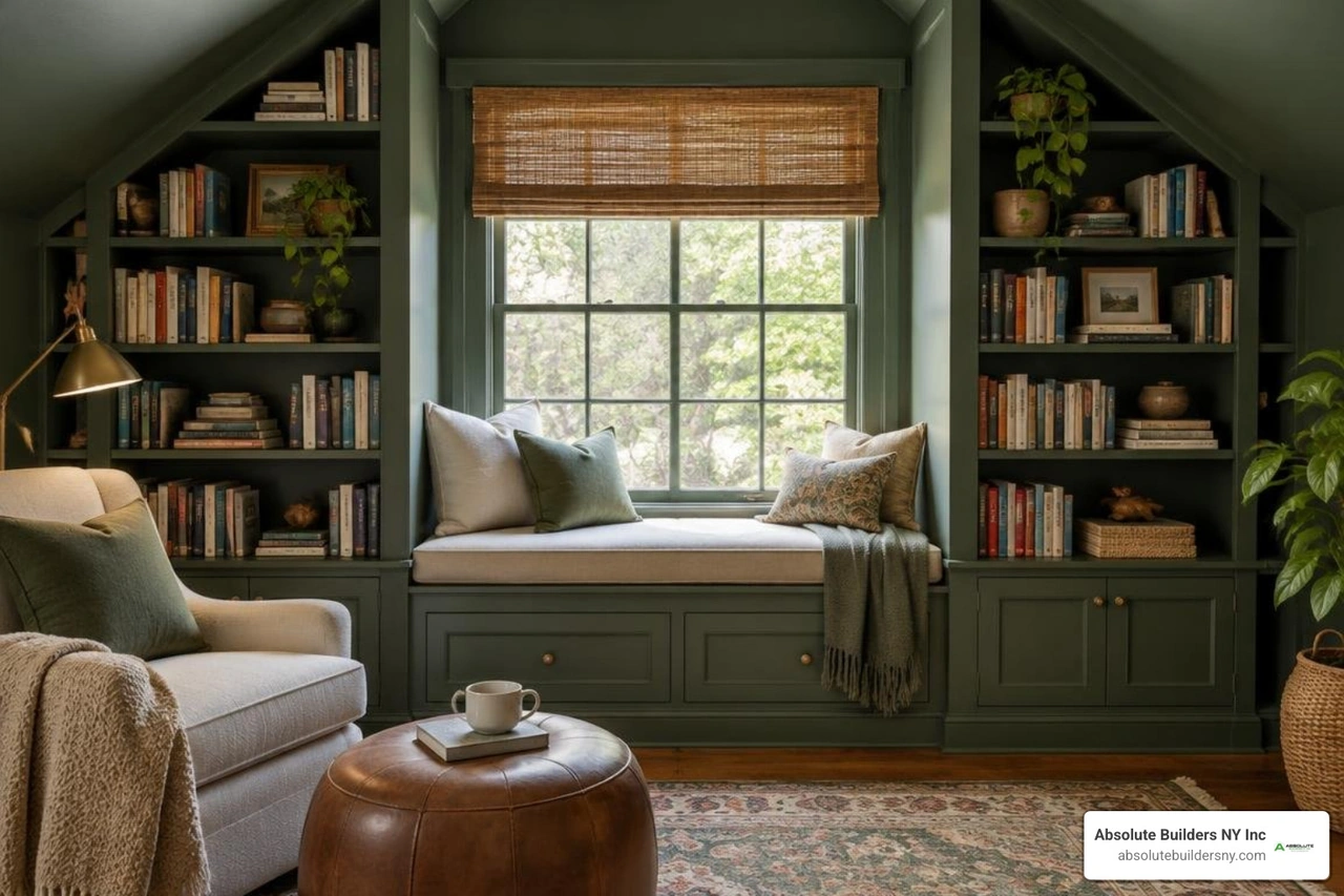 moody dormer reading nook with dark green walls, custom built-in bookshelves, and window seat