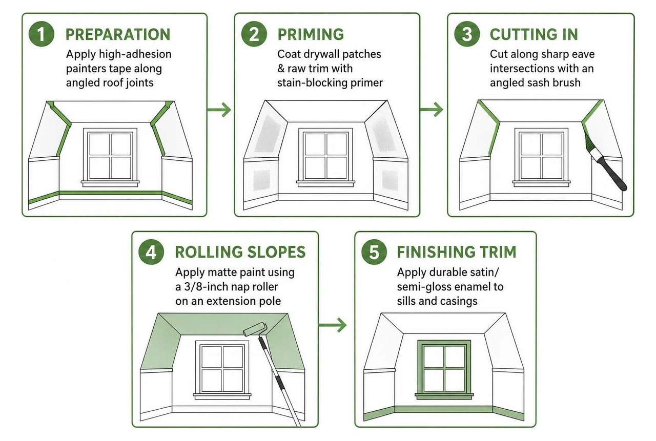 step-by-step process diagram illustrating dormer prep, priming, cutting in, rolling, and trim finish
