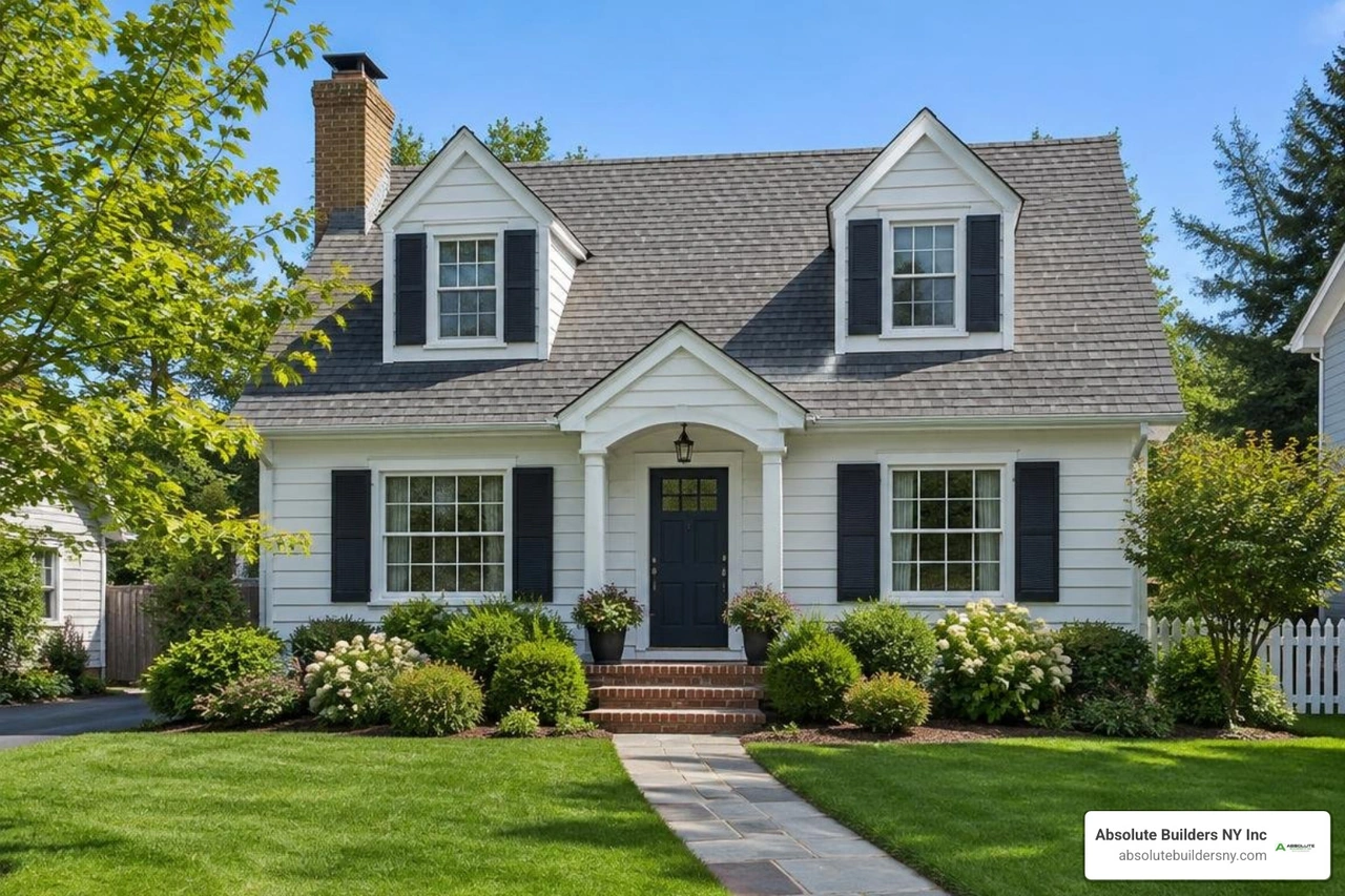 exterior view of a classic Cape Cod house with painted white dormers, dark shutters, and architectural roof shingles