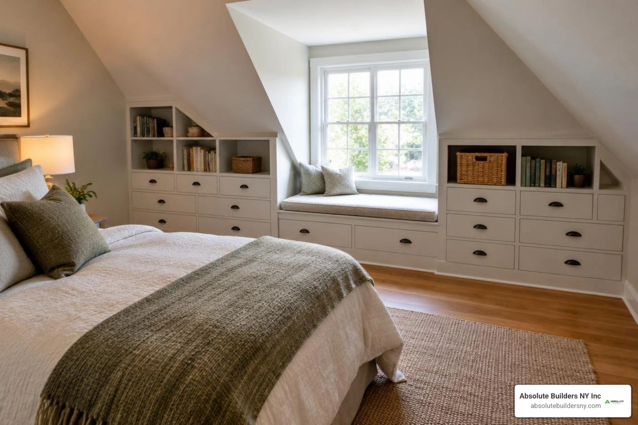 custom knee-wall built-in storage in sloped attic bedroom